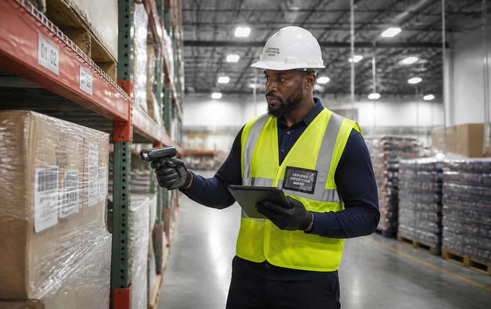 Certified agent verifying inventory in a warehouse