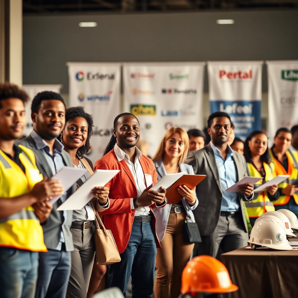 Diverse candidates at an oil & gas industry recruitment job fair holding resumes with hard hats and safety vests on the table