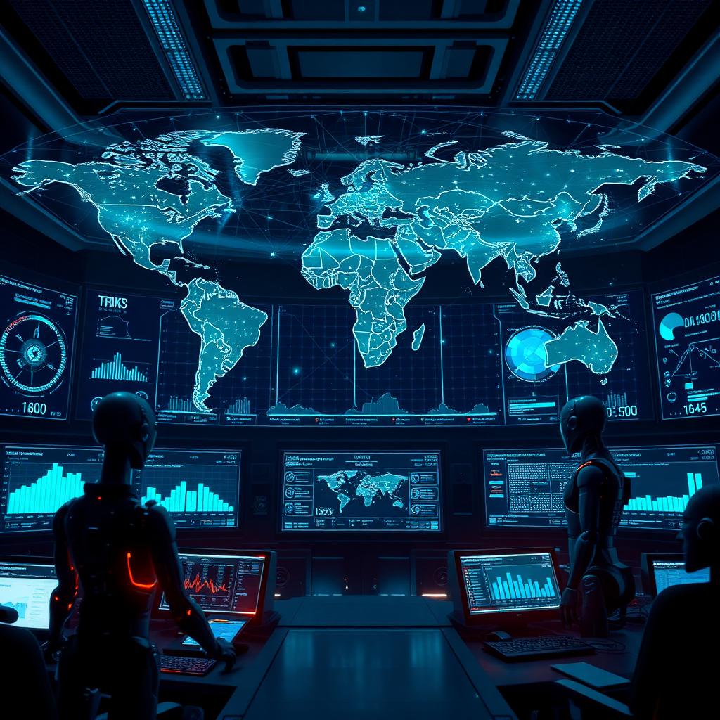 AI supply chain command center with holographic global map and monitoring dashboards