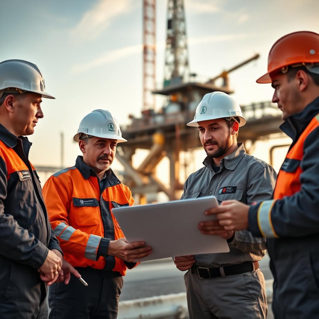 Certified local content oil and gas workforce on-site at a refinery reviewing plans, wearing branded coveralls and hard hats