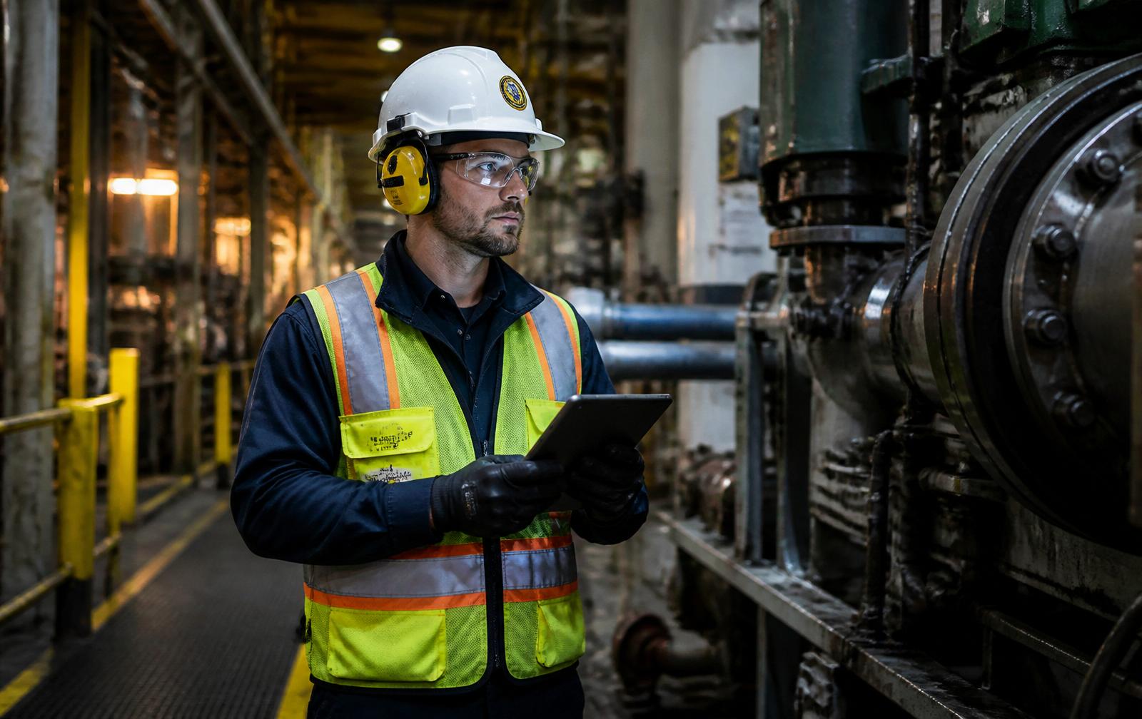 Certified agent inside a manufacturing plant with full PPE