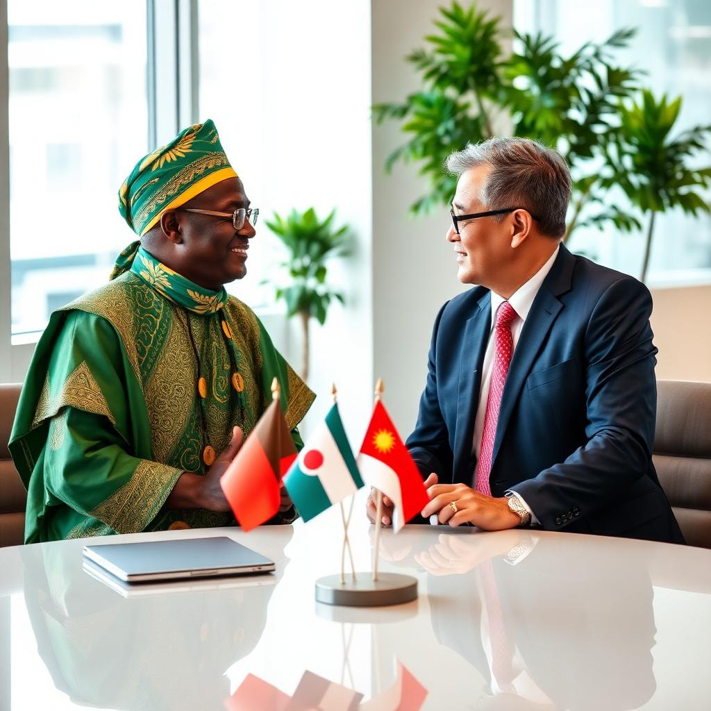 Two business leaders from different cultures having a conversation with national flags between them
