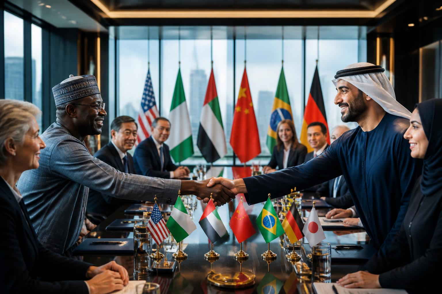International business leaders shaking hands with flags of multiple countries